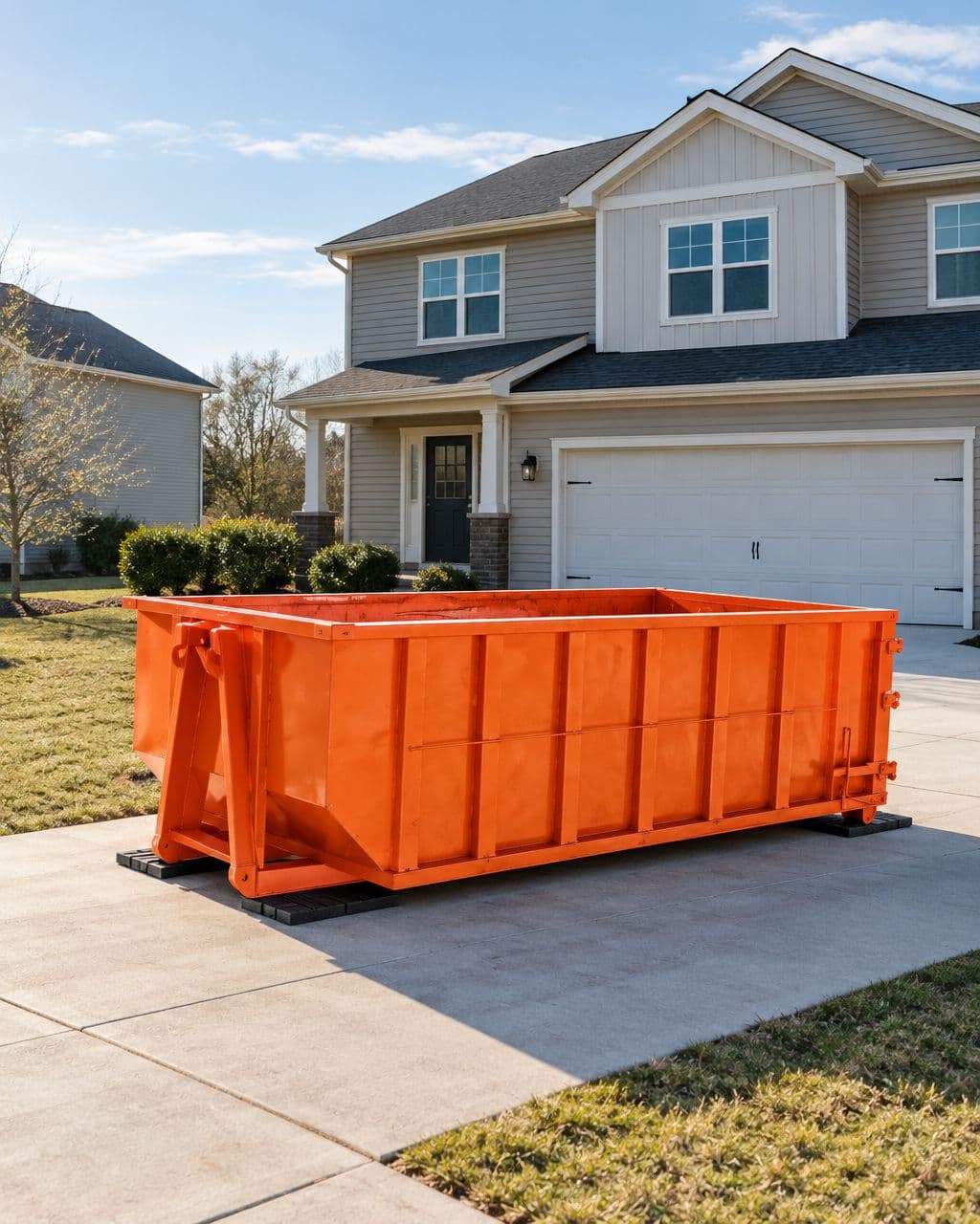 Illustrative orange roll-off dumpster on protective strips outside a suburban home
